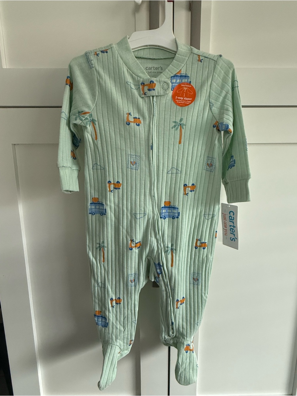 Carter's Mint Green Ribbed Footed One-Piece with Vehicle Print Size 6M